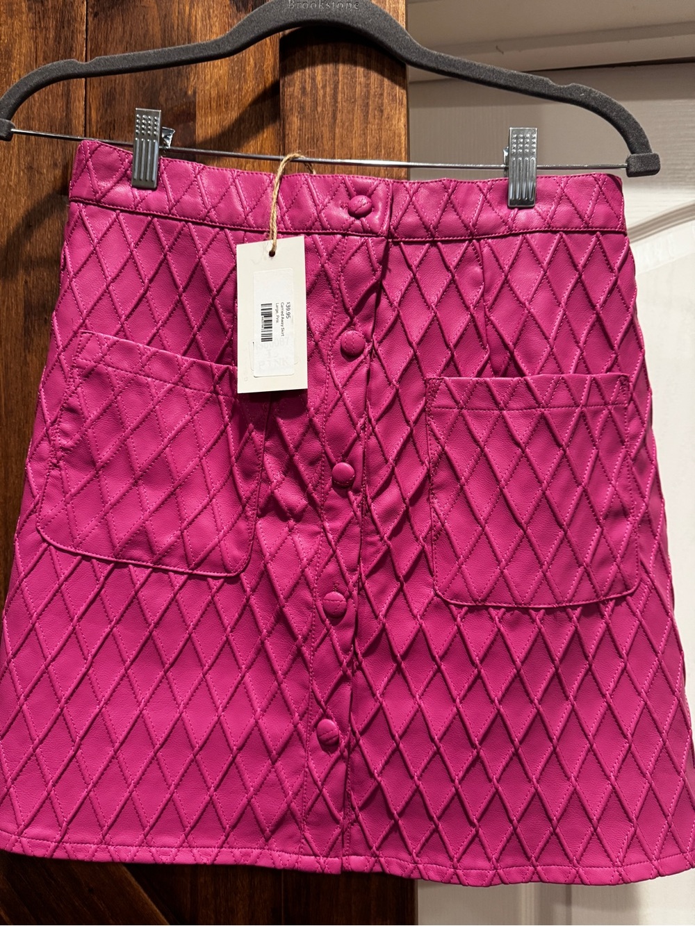 Diamond-Quilted Button-Front Magenta Mini Skirt